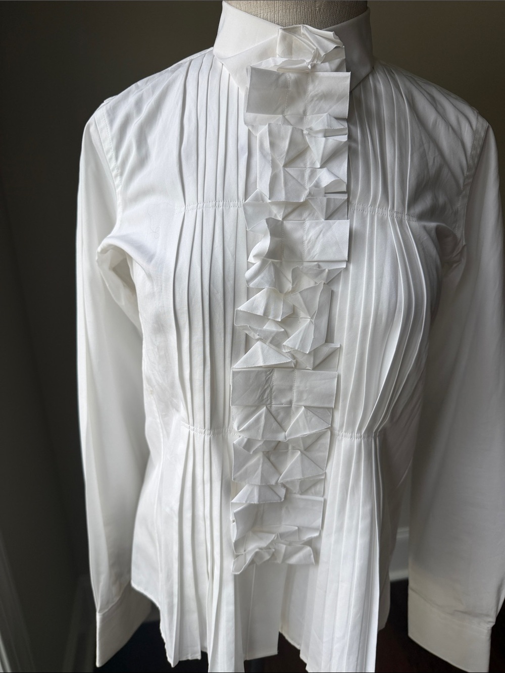 Uniqlo White Ruffle Pintuck Button-Down Shirt